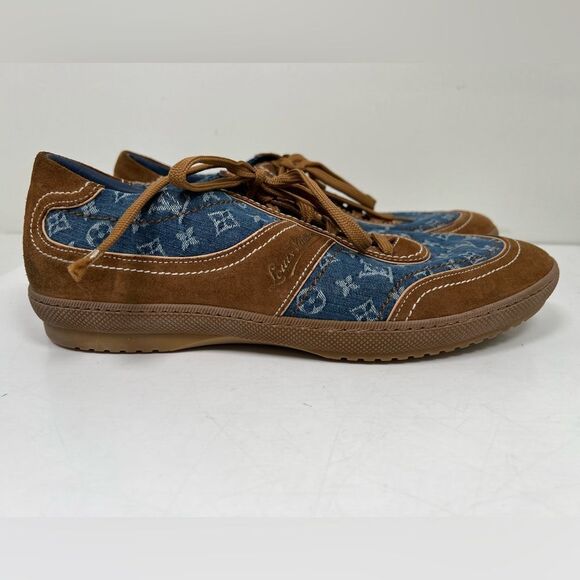 RARE LOUIS VUITTON MONOGRAM BLUE BROWN SNEAKERS SHOES - Picture 2 of 10